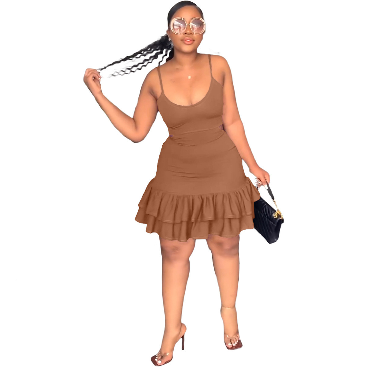 Womens Casual Fashion Strap Low-Cut Ruffle Hem Bodycon Dress