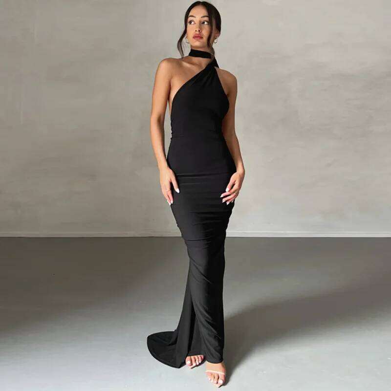 Dulzura One Shoulder Backless Ruched Slim Ribbon Long Women Solid Sexy Elegant Dress Evening Party Club Prom Summer Outfit C260312
