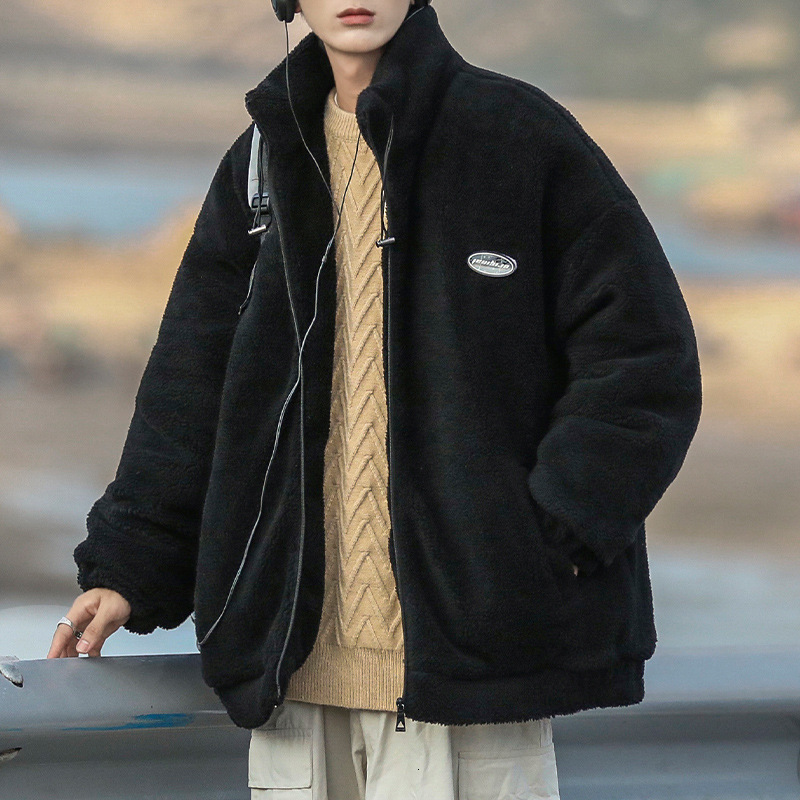 City Boy Cotton Jacket For Men Winter Fleece Lined Thickened Designer Hoodie Style Lamb Wool Coat Loose Trendy Stand Collar Cotton Jacket
