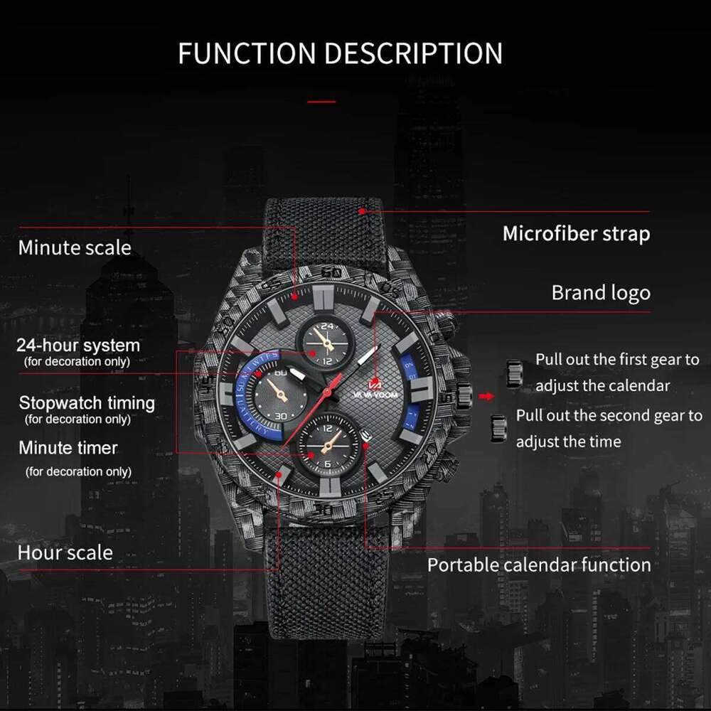 Leather With Fashionable Carbon Fiber Shell 46mm Large Dial Sports Clock Quartz Movement Military Style Watch for Men
