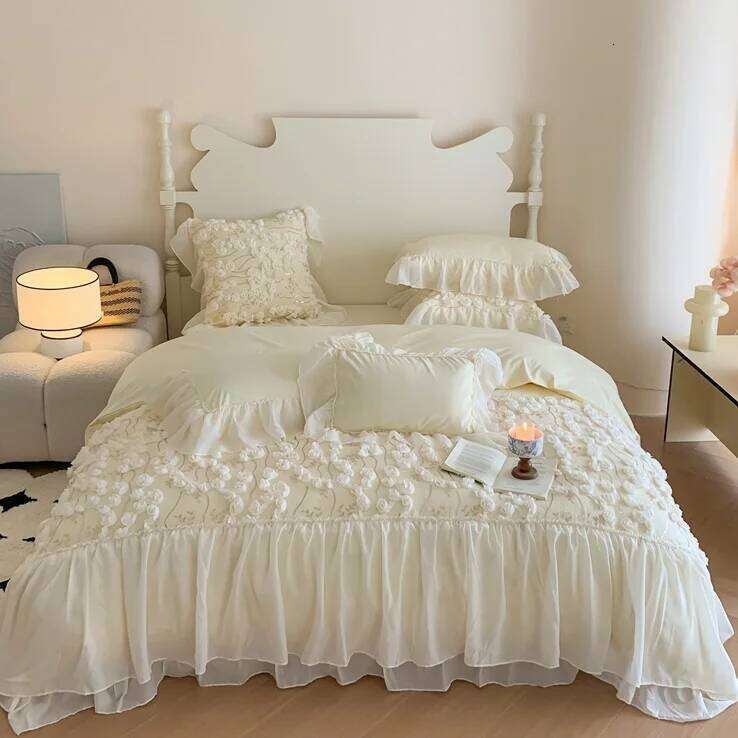4Pcs Korean Princess Style Cotton 100% Bedding Set Three-Dimensional Chiffon Lace Duvet Cover 200x230 220x240 Four Seasons H260312
