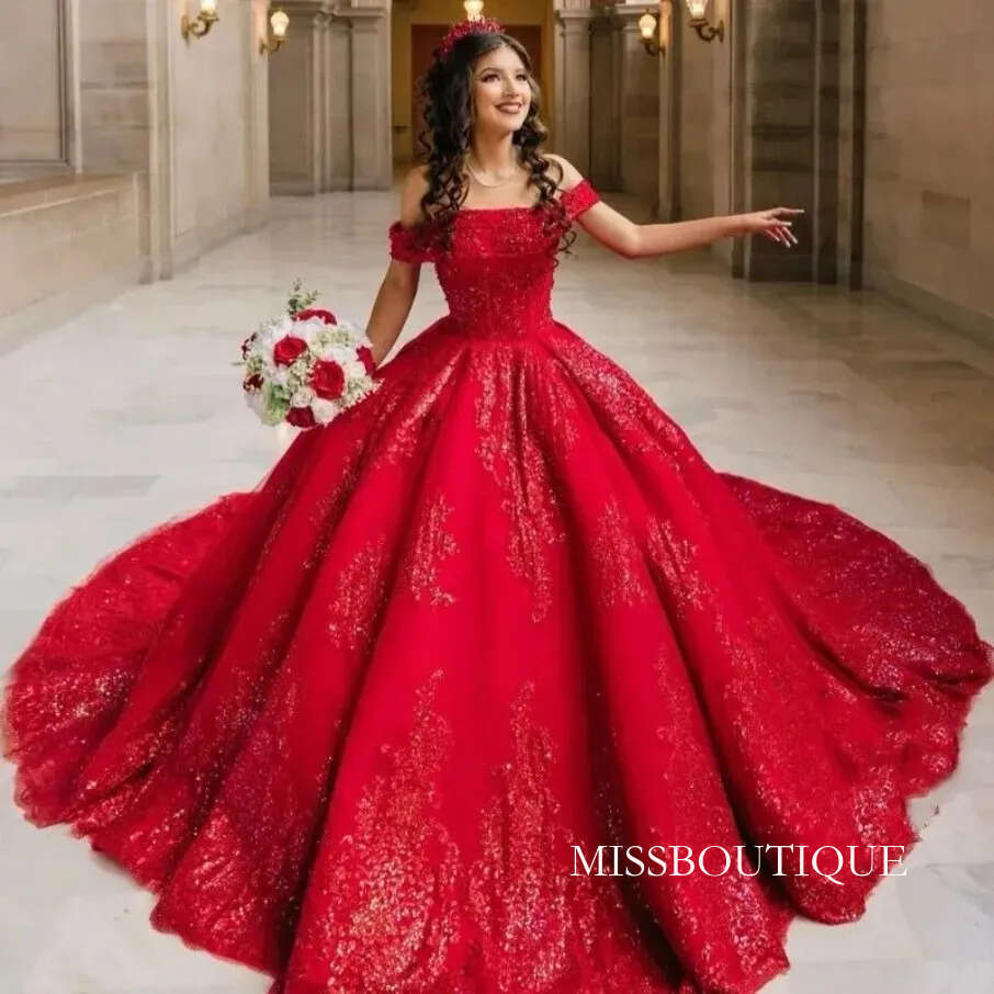 Fancy Red Ball Gown Beaded Quinceanera Dresses Lace Appliqued Prom Gowns Sequined Off The Shoulder Neckline Tulle Sweet 15 Masquerade Dress J04 B0312