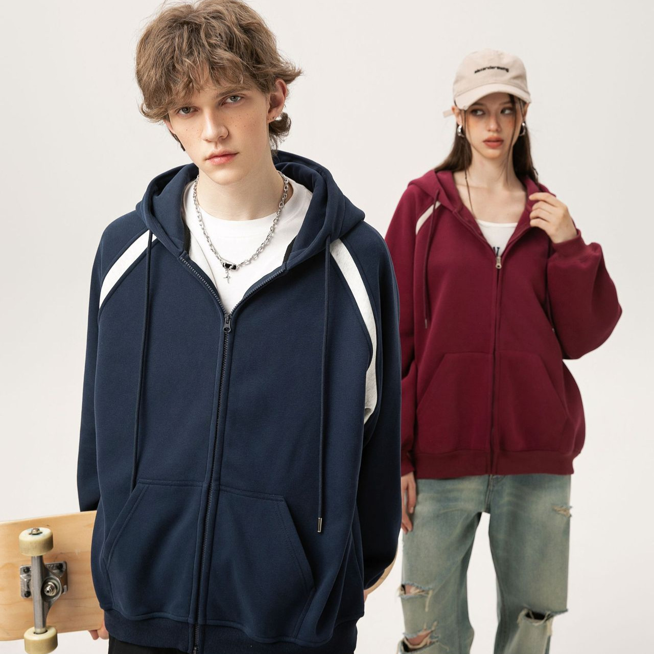 Heavyweight 380g Composite Cotton Raglan Sleeve Color-block Hooded Zipper Sweatshirt Designer Hoodie Men's College Style Loose Jacket Unisex