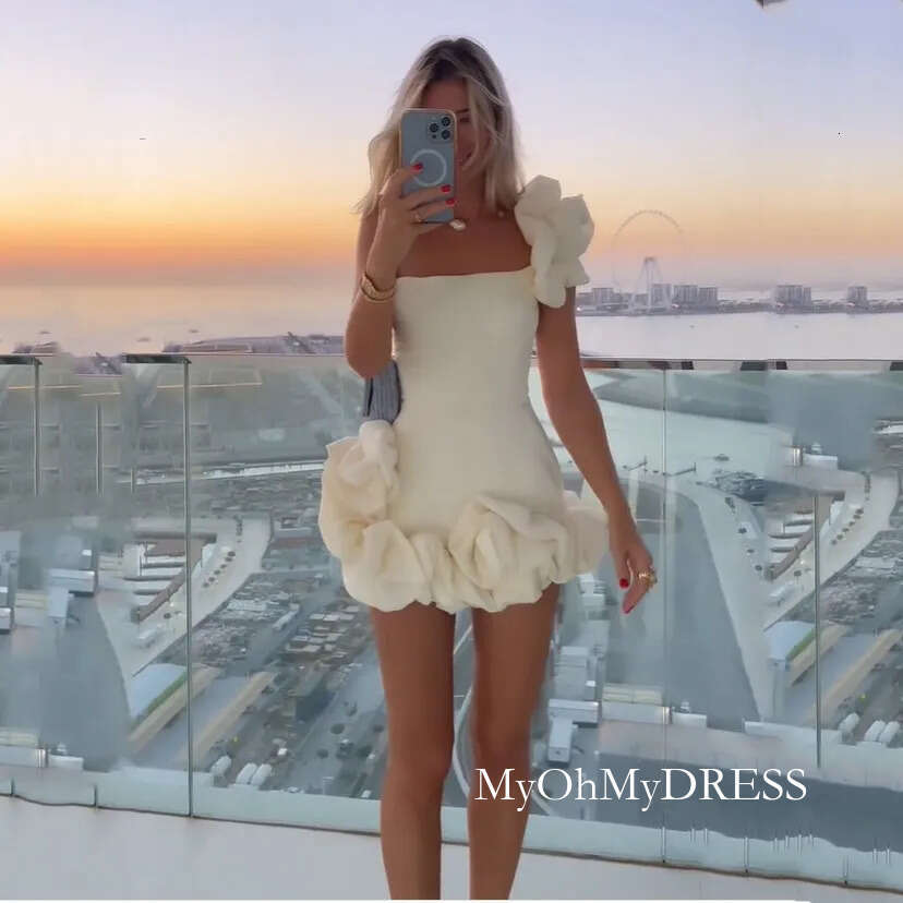 Elegant Short Strapless Crepe Evening With Hand Made Flower Sheath Sleeveless One Shoulder Mini Length Zipper Back Prom Dresses For Women D0311