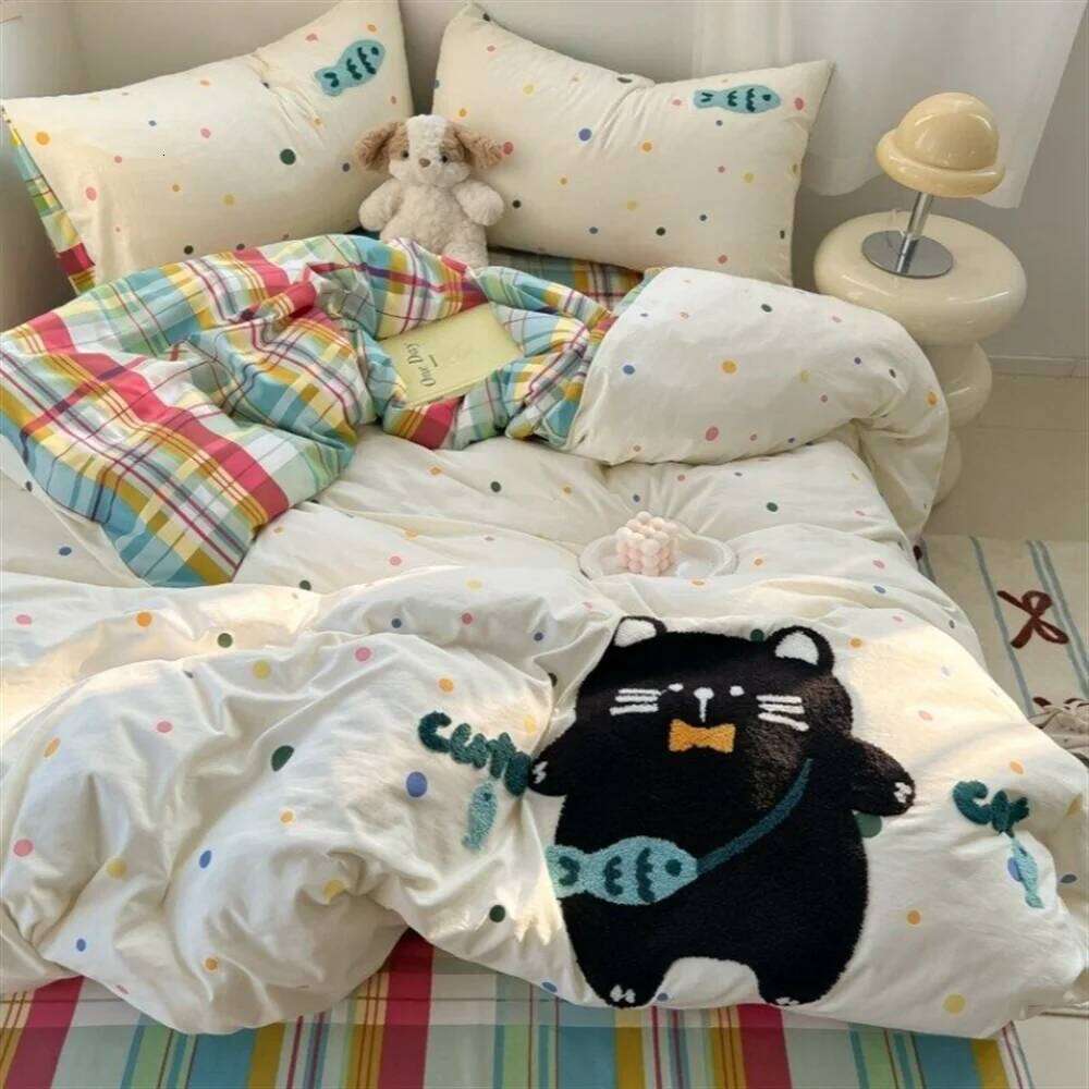 Cartoon German Cat Towel Embroidery Sanded Autumn And Winter Bedding Four-Piece Set Quilt Cover Bed Sheet Cute Student Dormitory H260312
