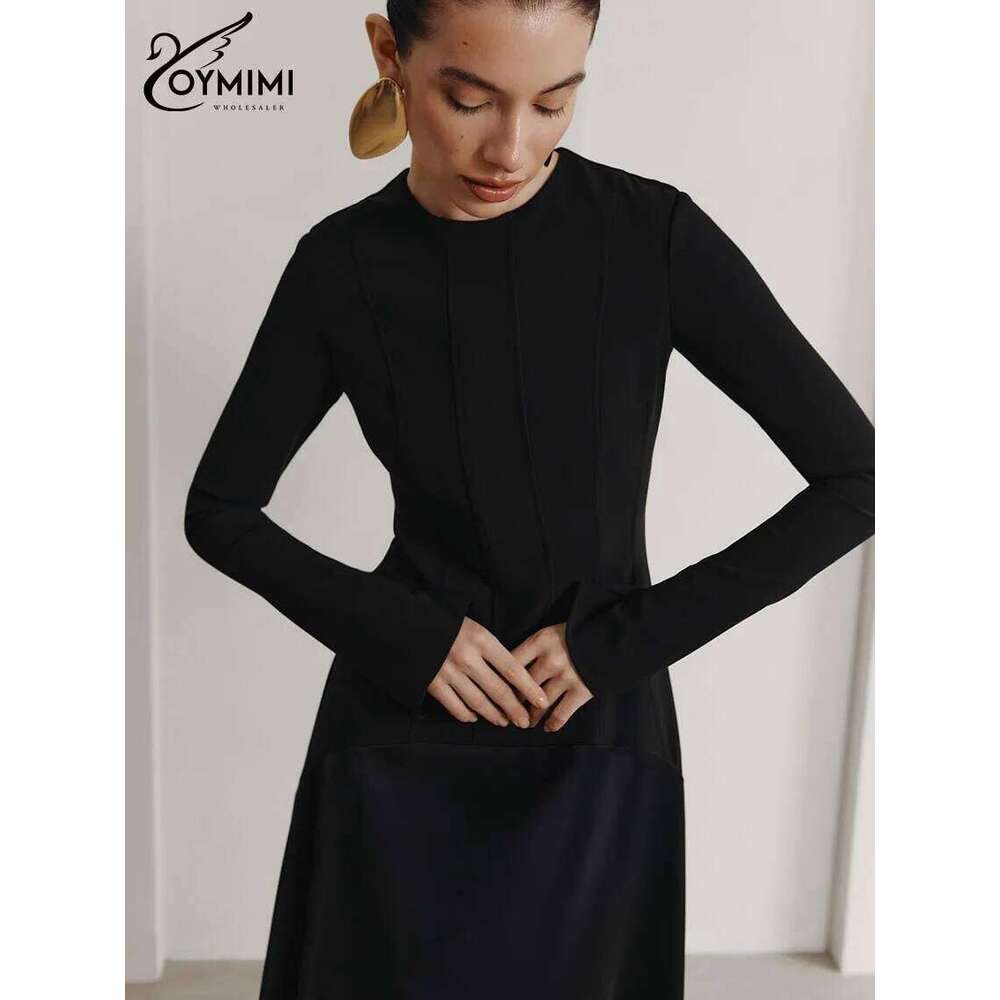 Oymimi Elegant Black O-Neck Womens Fashion Long Sleeve Patchwork Slim Dresses Casual New Straight Ankle-Length Dress C260312