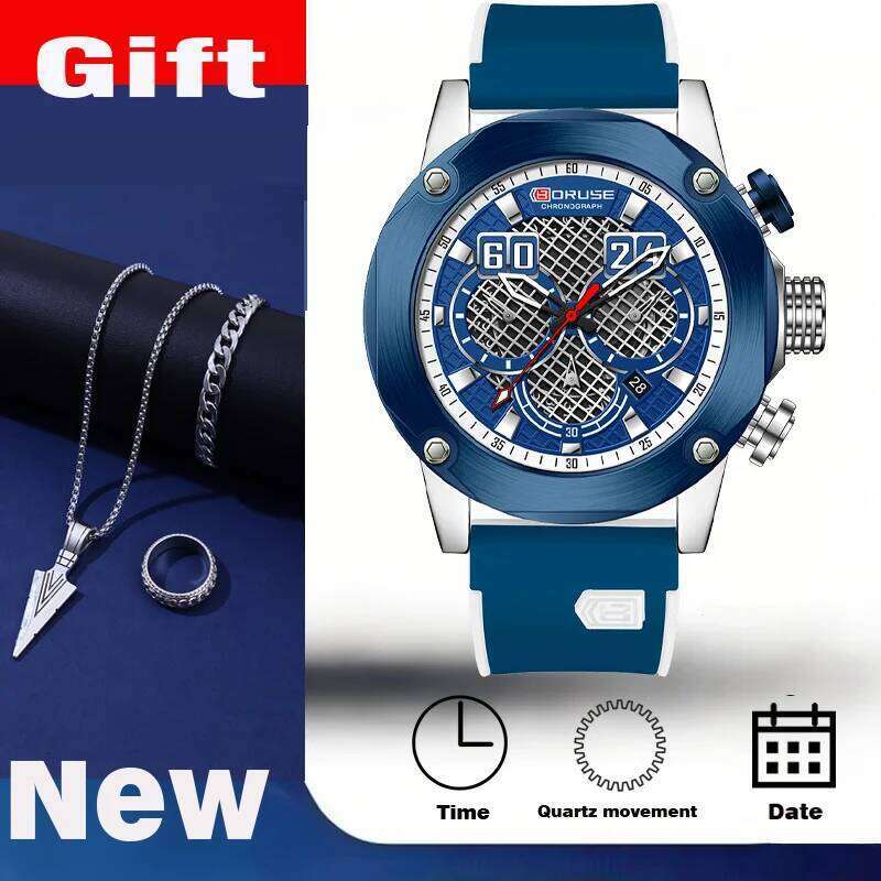 4 PCS SET BORUSE Fashion and Triangle Spearhead Necklace Set, Men's Quartz Waterproof Watch, Luxury Silicone Watch