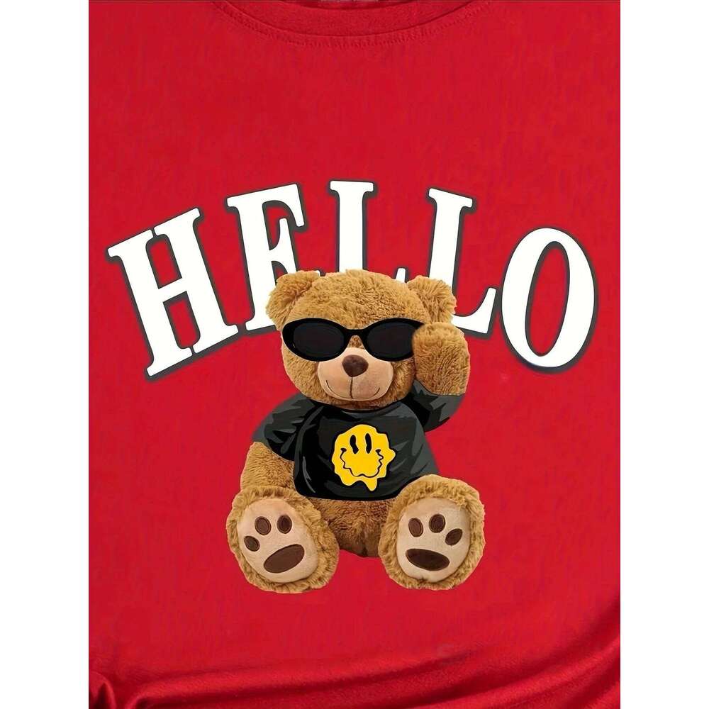 Bear Print T-shirt Short Sleeve Crew Neck Casual Top for Summer & Spring Women's Clothing Z260312
