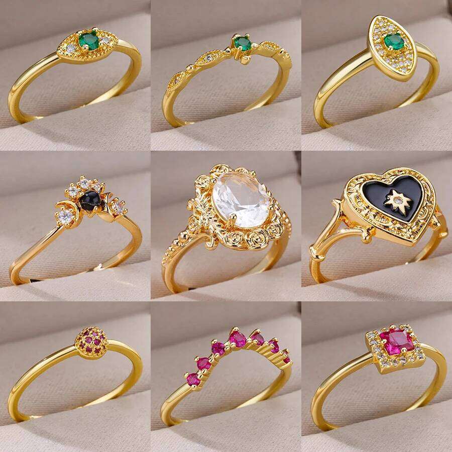 Gold Color Stainless Steel for Women Colorful Cubic Zircon Heart Opening Adjustable Ring Fashion Jewelry Wedding Gift H260312