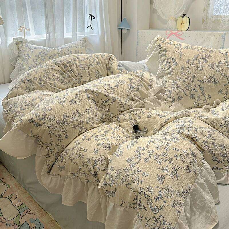 Floral print Korean style Princess Lace Bedding Duvet Cover Set Washed Cotton Flat Sheet set Queen For Girl Decor Home H260312
