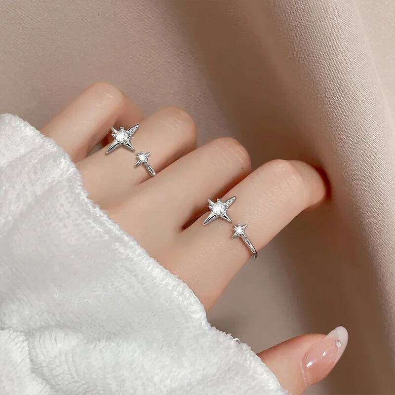 PANJBJ 925 Sterling Silver Four-pointed Star Shining Zircon Ring High-end Personalized Opening Adjustable Jewelry H260312