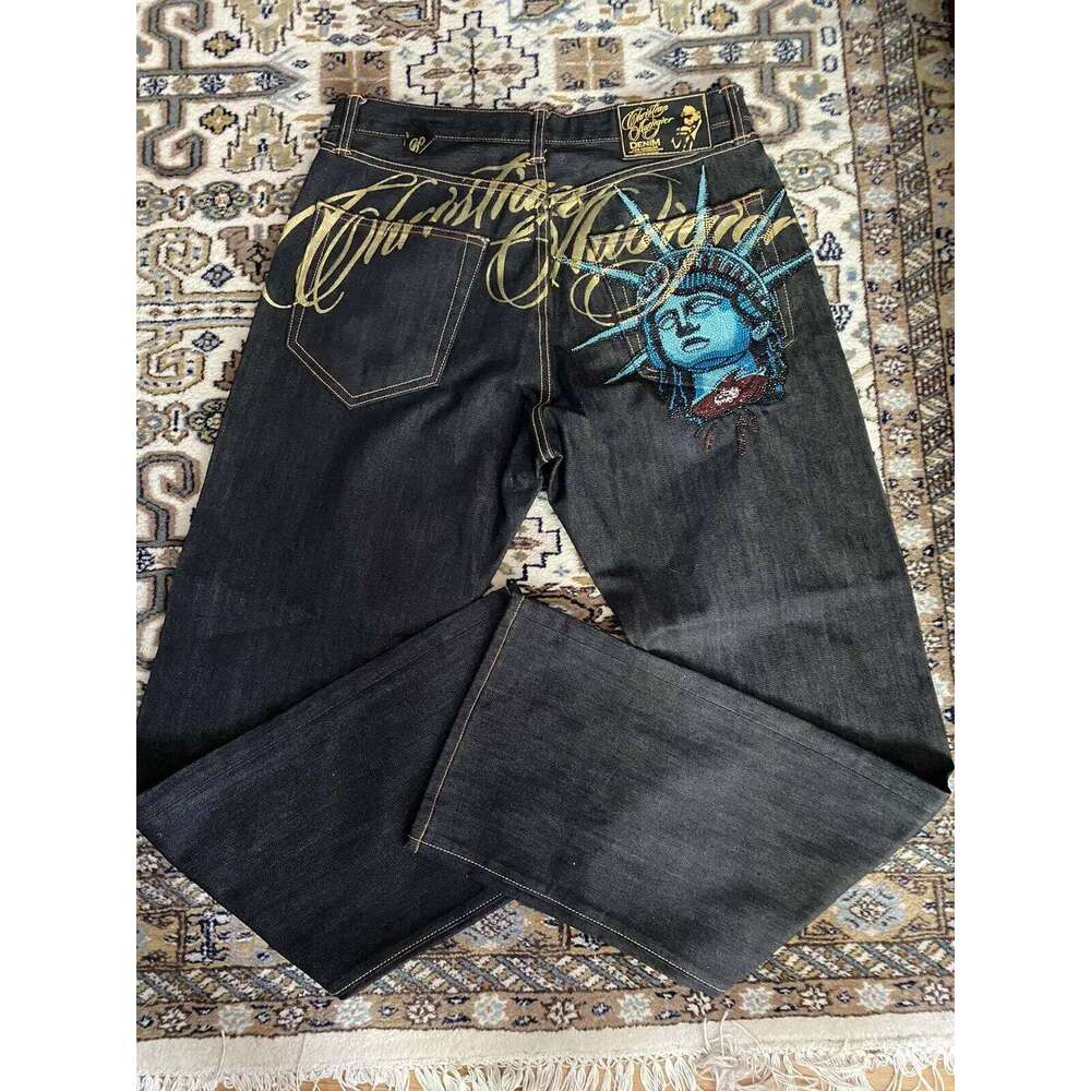 Vintage Statue of liberty Diamonds Casual Denim Pants High Waist Straight Wide Leg Jeans Harajuku Y2k 2000s Women Clothing 26Y0312