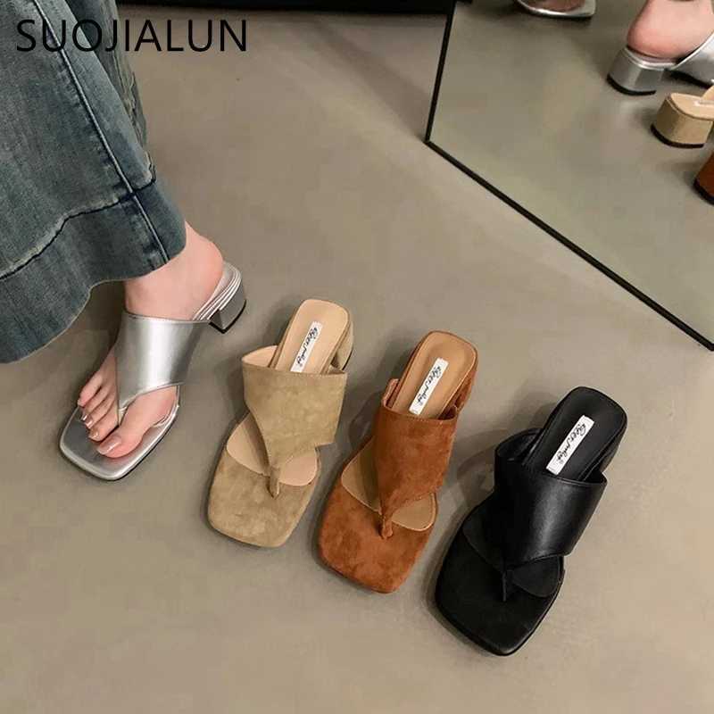 SUOJIALUN 2024 Summer New Women Slipper Fashion Med Square Heel Outdoor Slides Shoes Ladies Casual Vaction Flip Flops Sand K260312