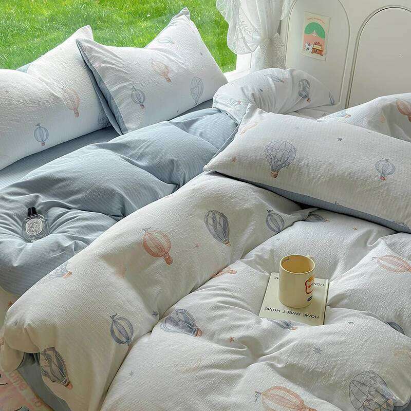 Cartoon Hot Air Balloon Duvet Covers Set, Modern Room Decor Double Layer Yarn Bedding Sets Flat Sheet 4 Pieces for Kids Teens H260312