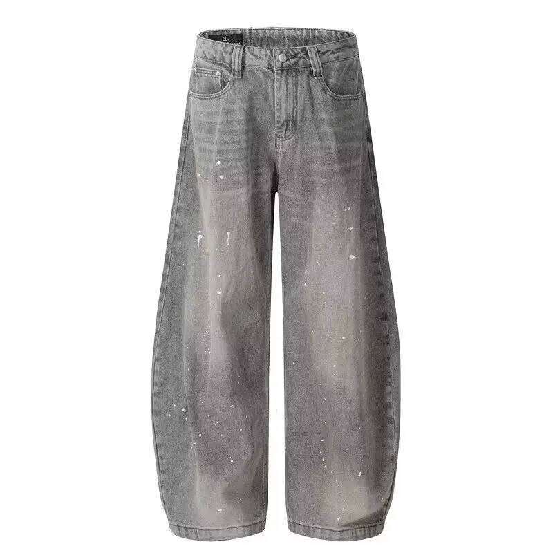 Spring Autumn Retro Washed Vintage Grey Splash Ink Curved Knife Jeans for Men and Women Trendy Brand American Street Loose P 26Y0312