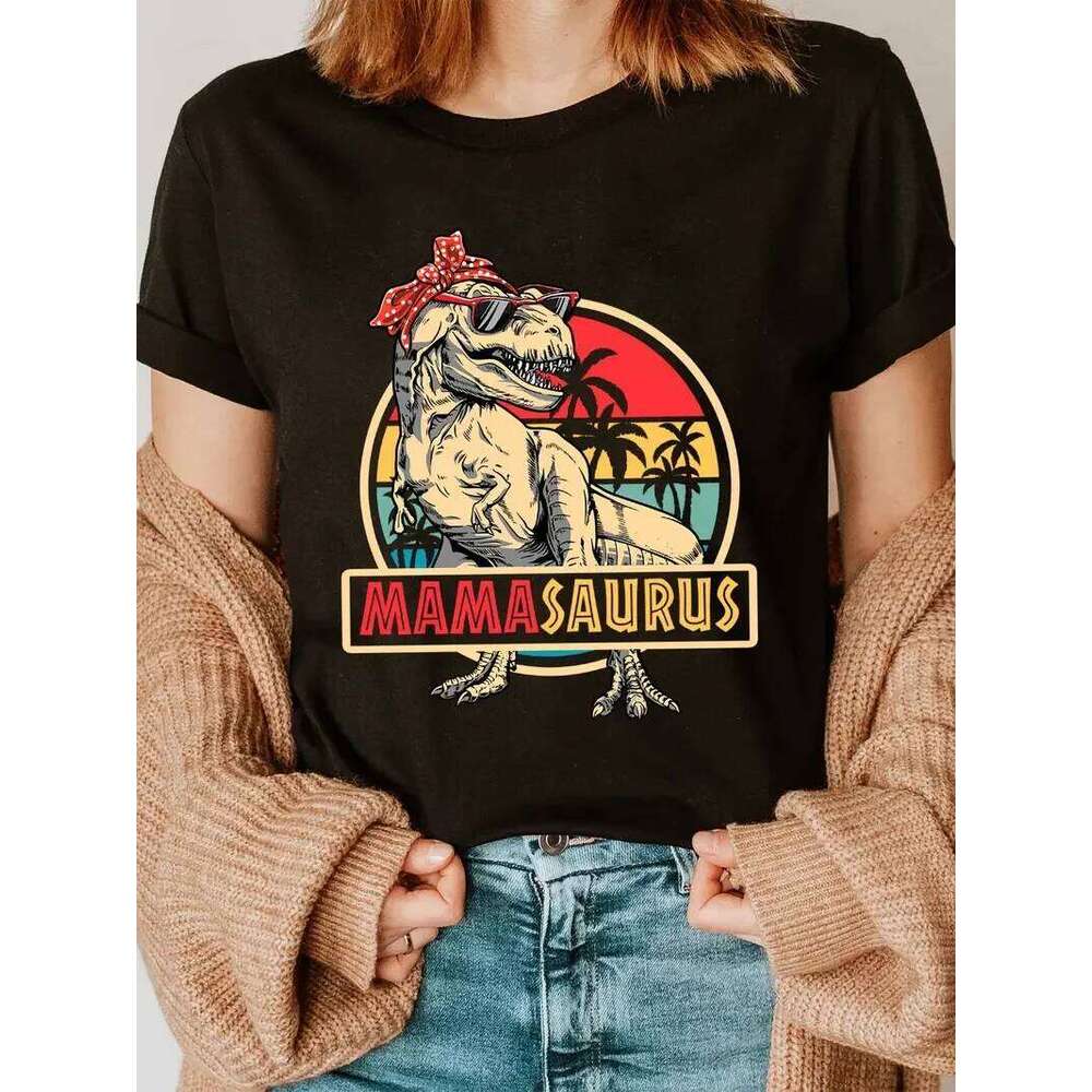 Funny MamaSaurus T-Rex Dinosaur Mom T-Shirt Retro Vintage Tee Soft Crew Neck Short Sleeve Shirt - Mother's Day Gifts for Women Z260312