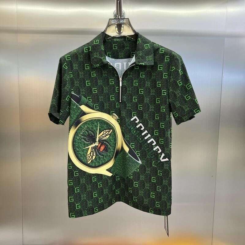 European-Style Personalized Zipper Collar Short-Sleeve T-Shirt For Men, 2022 Summer New Model With Watch Print, Stylish And Versatile Half-Sleeve Tee 