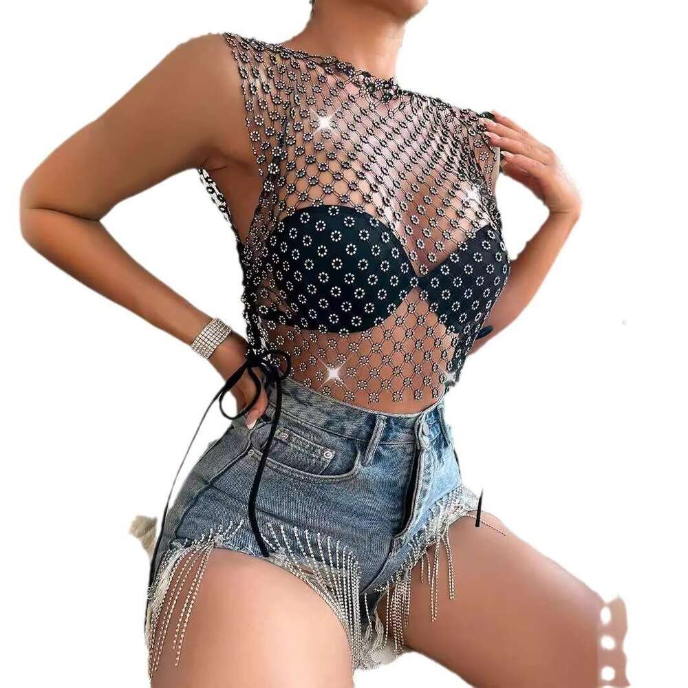 2026 European and American cross-border women's clothing sexy new hollow mesh rhinestone top vest L20790