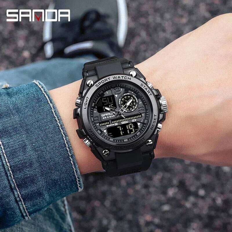 SANDA 6024 Sport Quartz Watch for Men LED Dual Display Electronic Digital Mens Wristwatches Waterproof Military Shockproof Clock