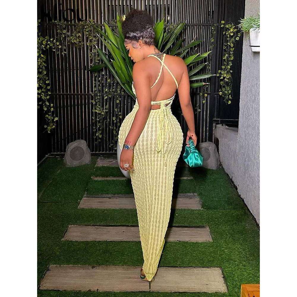 Kliou Solid Ruched Spaghetti Strap Bandage Maxi Dress Women Casual Sleeveless Backless Bodycon Ladies Party Streetwear Dresses C260312