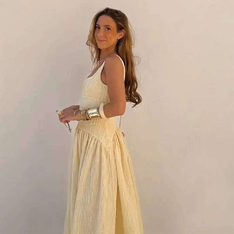 MUJER 2025 Pleated Long Woman Yellow Slip Midi Sexy Backless Dresses for Women Chic Beach Women's Summer Dress C260312