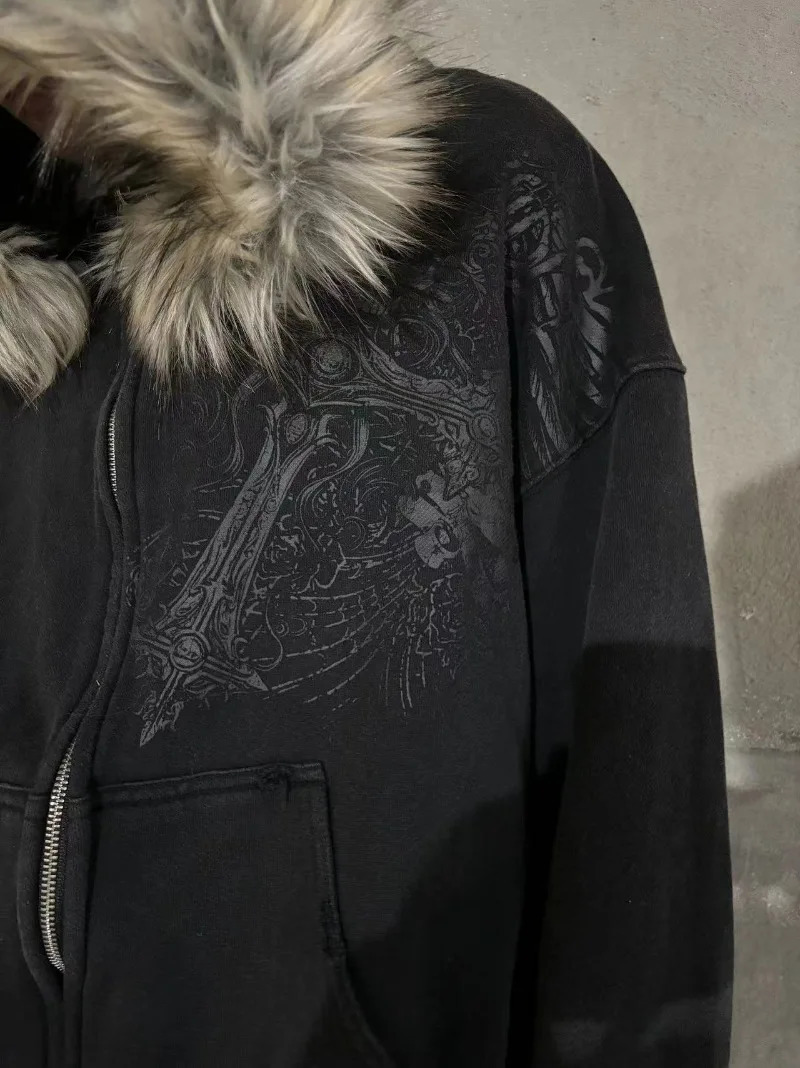 American Gothic Skeleton Bone Pattern Oversized Hoodie Mens Y2K Street Hip Hop Loose and Versatile Harajuku Zipper Hoodie Women 260311