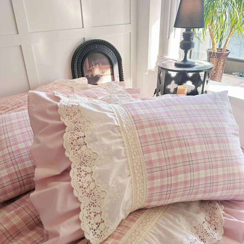 Vintage French Plaid Lace Ruffles 100% Cotton Bedding Duvet Cover Set Bed Sheet/Bed Skirt/Fitted Sheet Pillowcases 4Pcs H260312