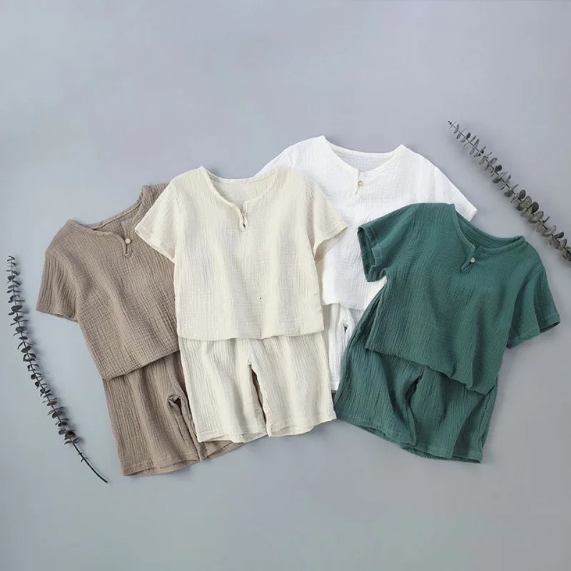 Summer Childrens Clothing Set for 07Y Boys Girls Cotton Linen Muslin Suit Tshirt Tops Shorts 2pcs Baby Loungewear Outfit 260311