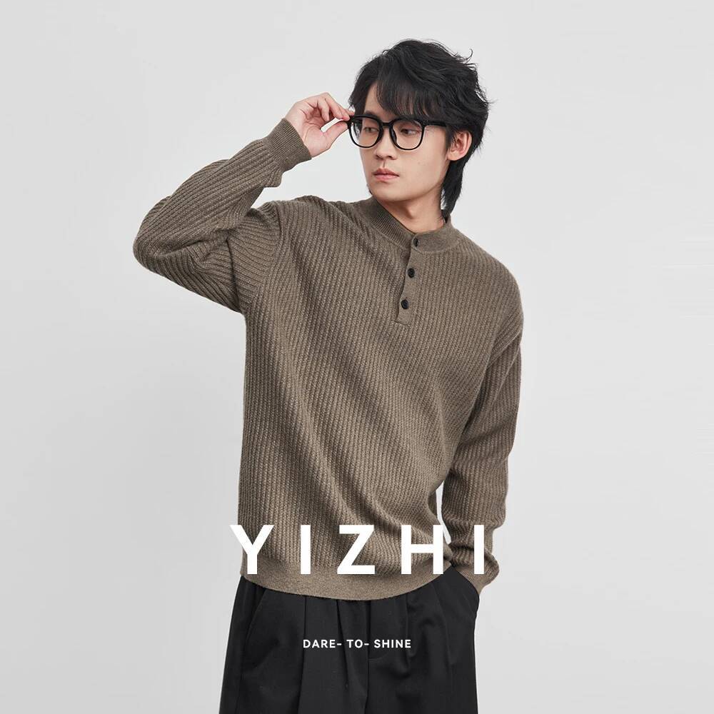 Fashion Men's 7-needle Henley Collar Vertical Knit Sweater 2026 Spring New Loose Solid Color Versatile Long Sleeve Pullover