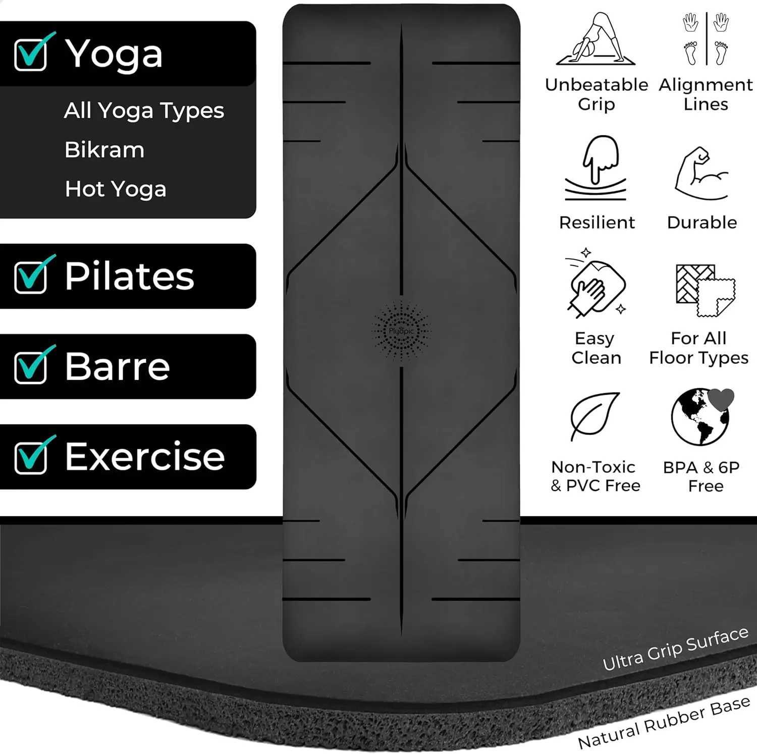 Ultra-Grip Yoga Mat - ExtrEMe Non-Slip for Dry Wet Use Alignment Lines Sweat Resistant for Yoga Pilates Workouts M260312