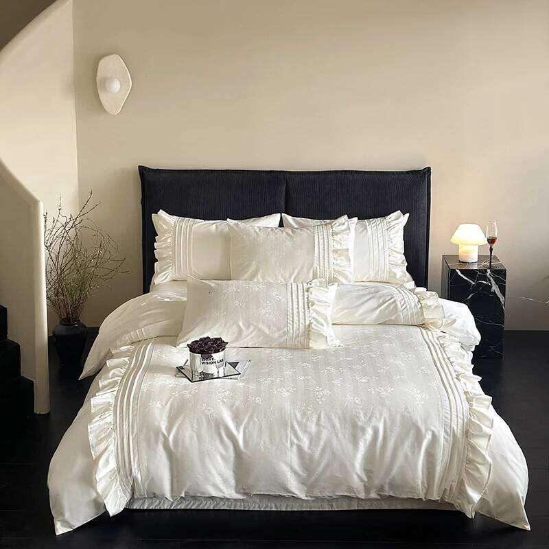 4Pcs Vintage Rose Jacquard Egyptian Cotton Ruffles Bedding Set Queen King Size Duvet Cover Bed Sheet/Fitted Sheet Pillowcases H260312