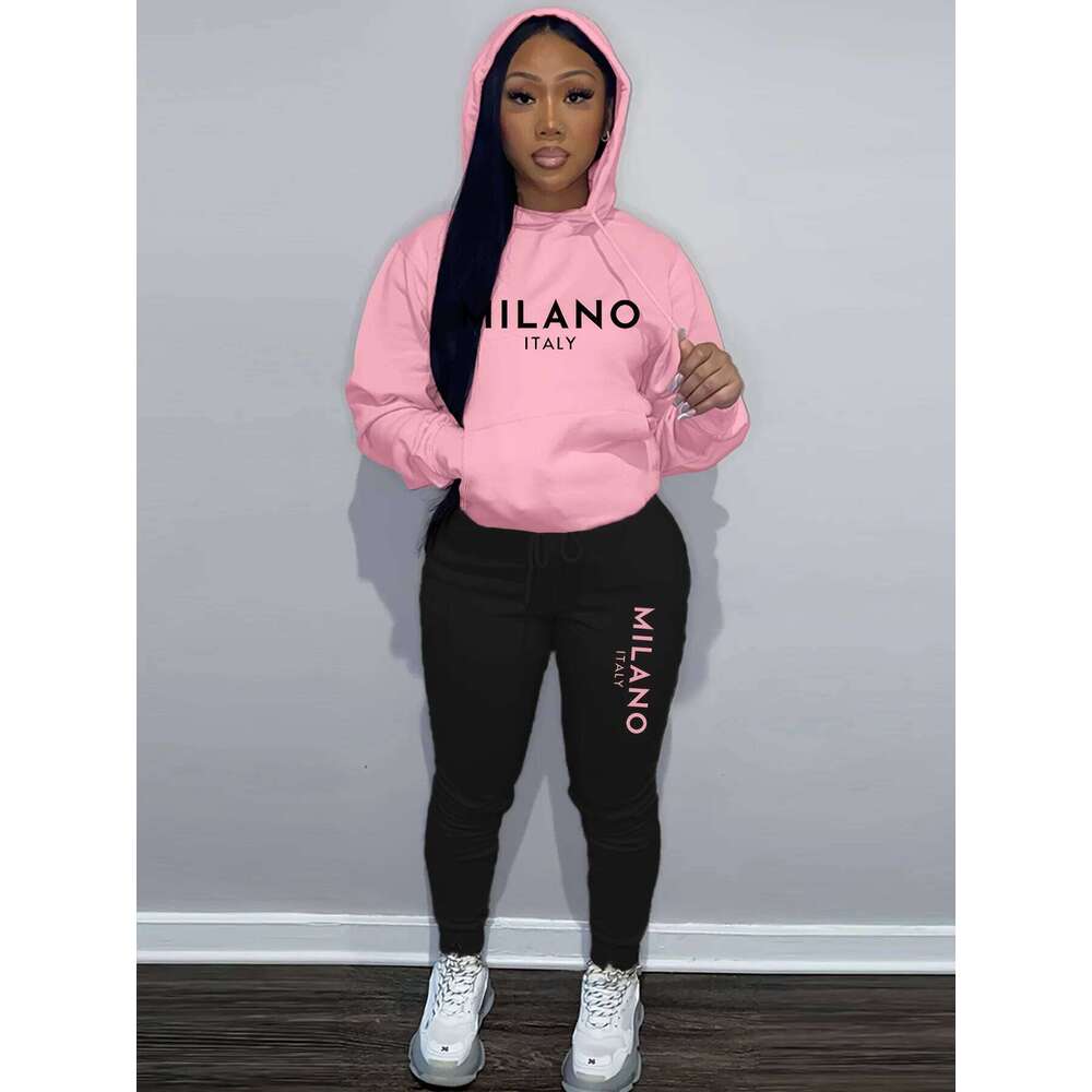 Women's Autumn/Winter Hoodie+Sports Pants Set Street Casual MILANO ITALY Letter Printed Fashionable and Velvet Warm Clothing C260312