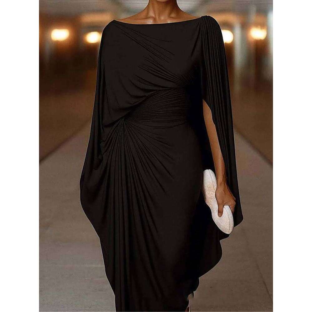 Sexy Slash Collar Pleat Slim Evening Elegant High Waist Solid Color Banquet Lady Leisure Irregular Long Sleeve Dress C260312