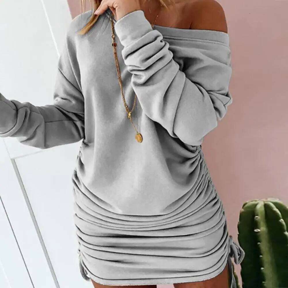 Women Sweater Long Sleeve One Shoulder Drawstring Bodycon Ladies' Autumn Winter Pleated Sexy Hip Hugging Dress C260312