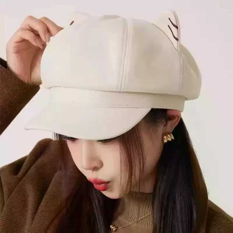 Japanese Style Cute Woolen Cat Ear Beret For Women Autumn And Winter Duckbill Octagonal Hat H260312 - view 5