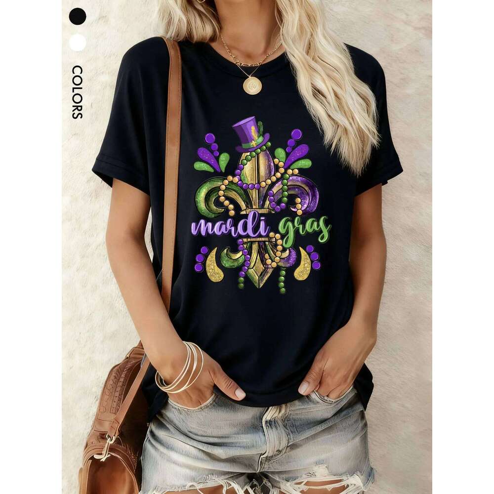 Womens Mardi Gras T Shirt Carnival Golden Fleur De Lis Purple Top Hat Summer Short Sleeve Casual Party Gift Black White Z260312
