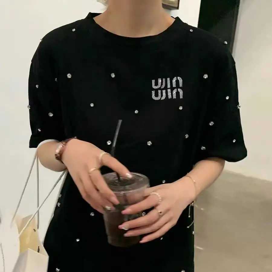 Pure Cotton Diamond Decoration Short Sleeves T-shirt for Womens Summer Letter Print Round Neck Loose Top Fashion Women ClothingT260312