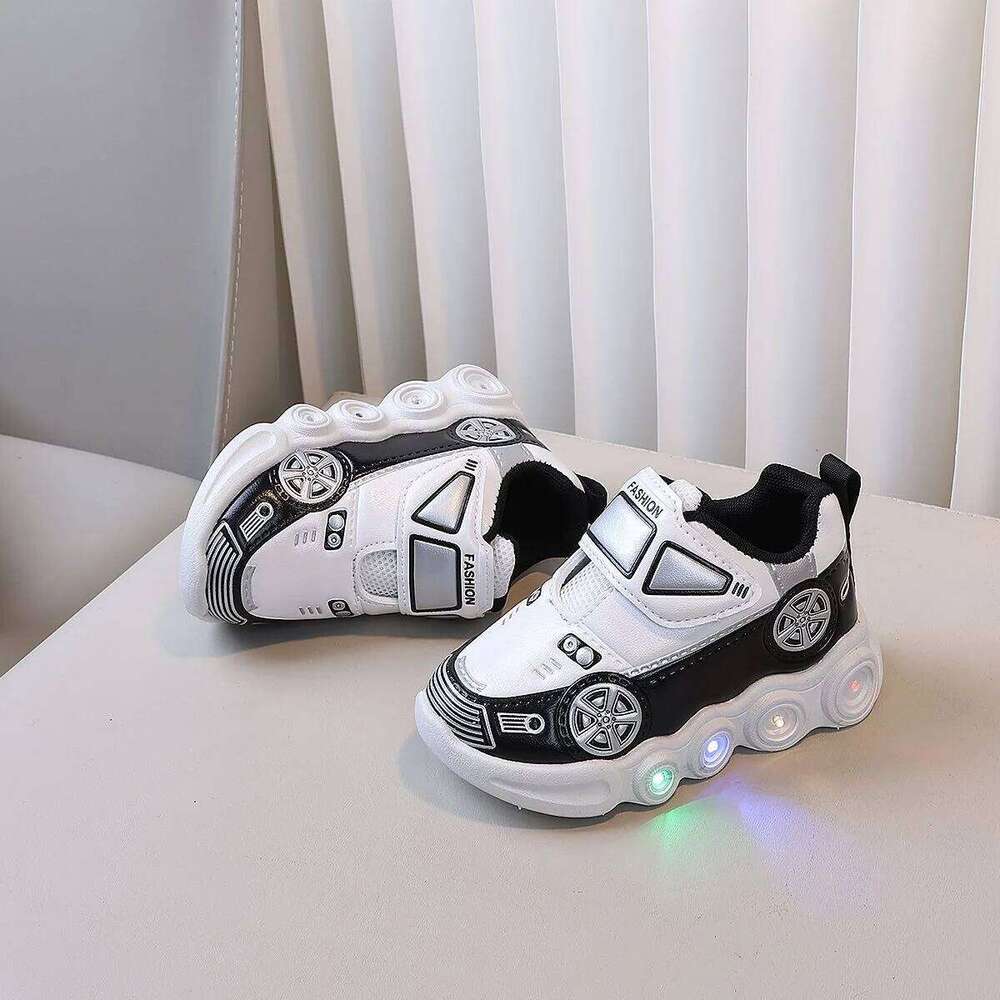Diseny Kids'Casual Led Light Car Club Cartoon PU Leather Spring For Children Anti-slip Red Blue Shoes Size 21-30 H260312