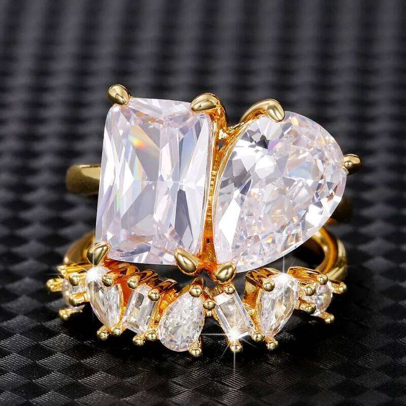 Huitan Waterdrop Rectangle Cubic Zircon Set Rings for Women Gold Color 2023 New Wedding Party Accessories Fashion Female Jewelry H260312