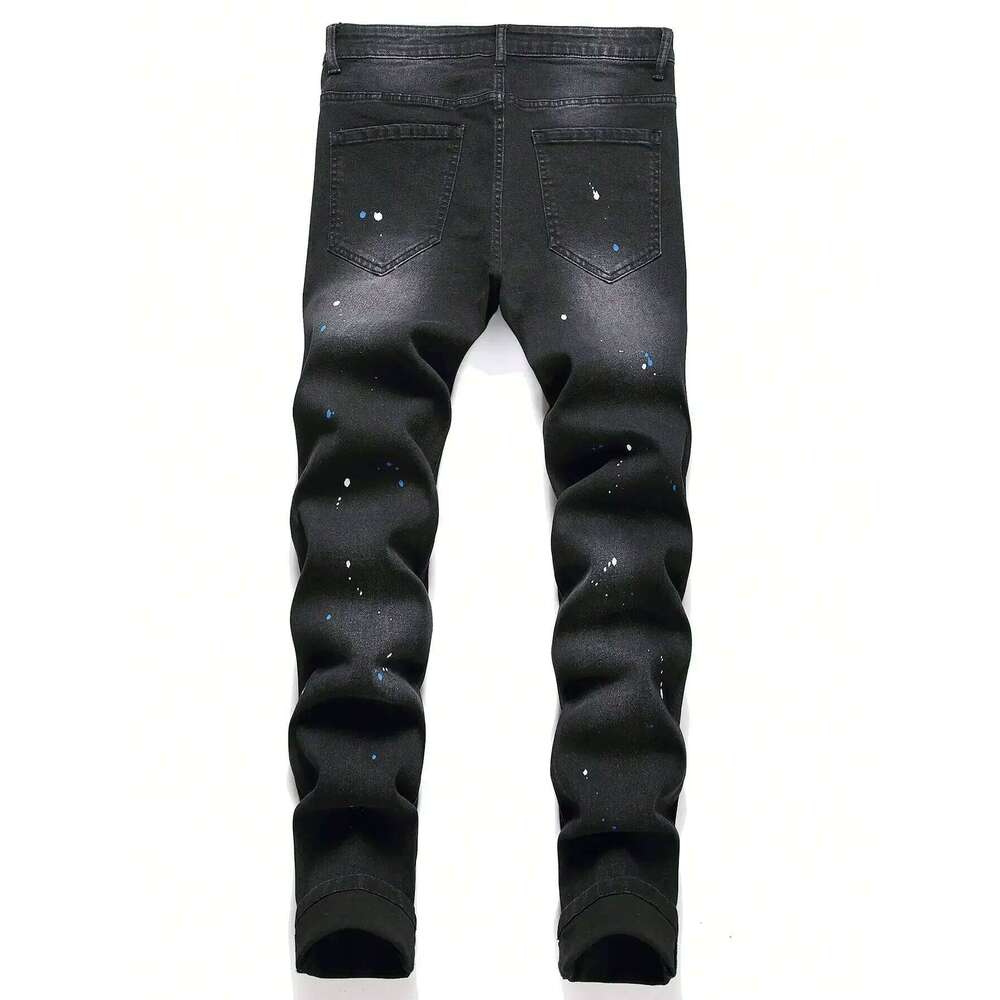 y2k Stretchy Skinny Jeans For Men Casual pants Ripped Patchwork Hole Slim Fit Denim Hip Hop Black Straight Trousers 26Y0312
