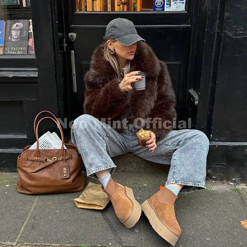 Neo Mint Ins Blogger Brand Fashion Burgundy Obsession Faux Coat Women Winter 2025 Vintage Brown Fox Fur Jacket Warm Overcoat
