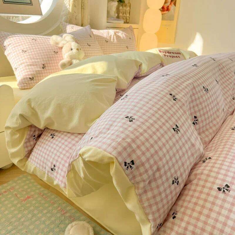 2025 New Quilt Washed Cotton Ins Style Bed Cover Four-piece Sheet Set - Bow Check Pillowcase Included for Students 150x200 H260312