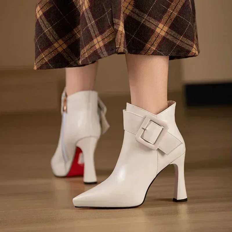 Womens Elegant High Heels Ankle Boots 2025 Spring Belt Buckle Pu Leather Short Boots Woman Plus Size 43 Thin Heeled Party Shoes S260312