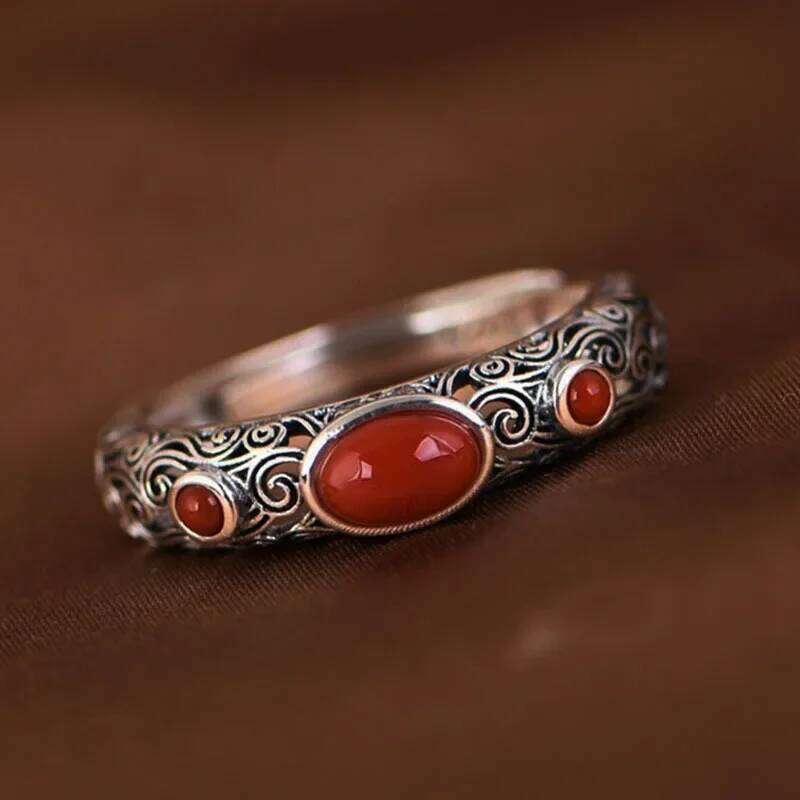 Vintage Ethnic Creative Hollow Imitation Red Agate Adjustable Ring for Women Exquisite Personalized Party Jewelry Accessories H260312