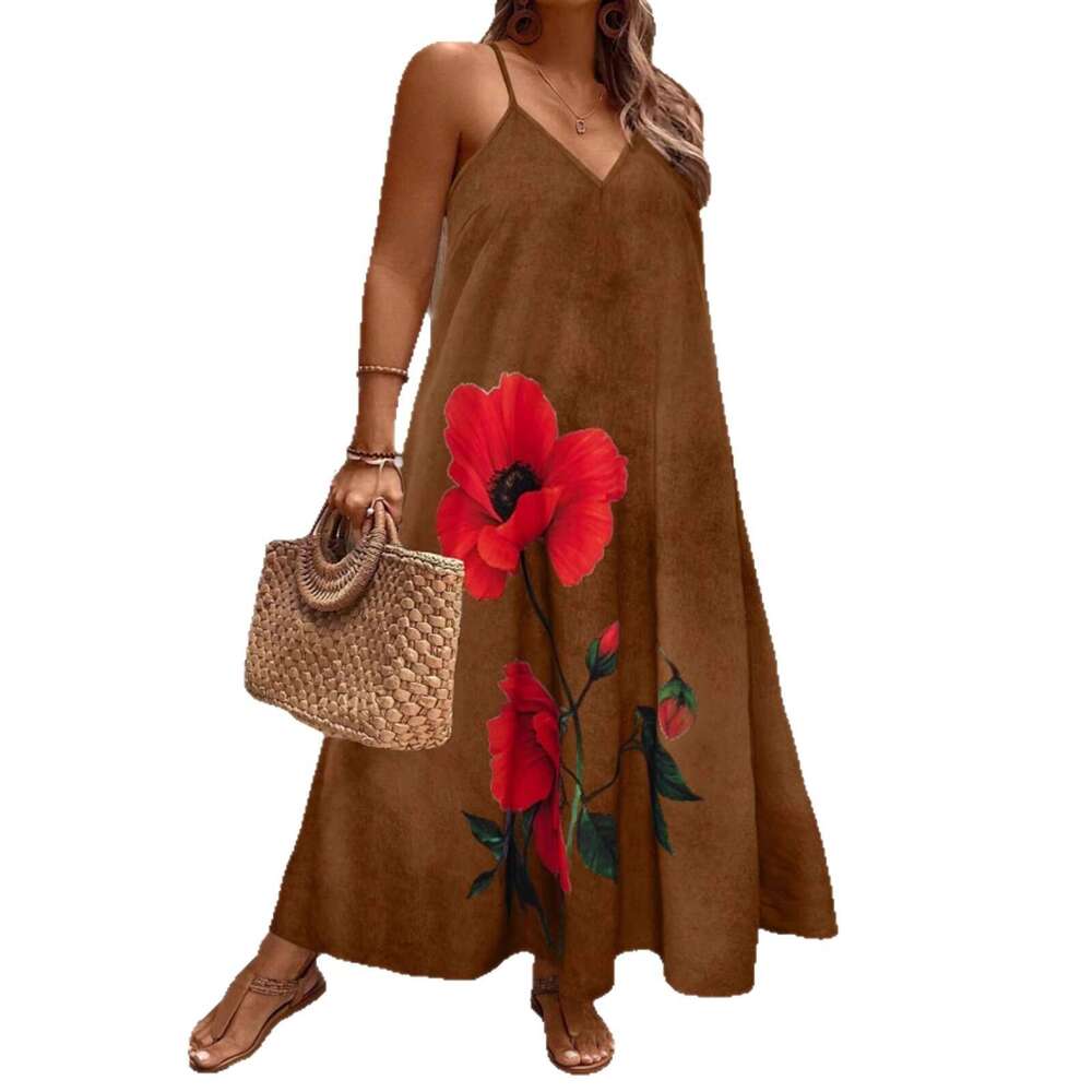 2026 Hot-Selling Summer Fashion Casual Beach European and American Cross-Border V-Neck Strap Printed Dress for Women
