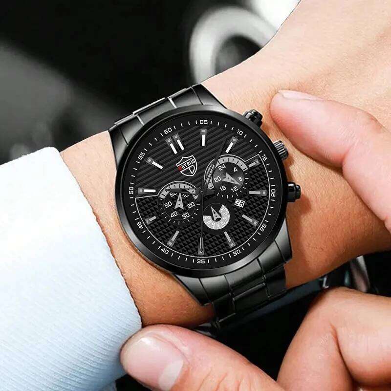 2pcs Fashion Men's Casual Business Sports Stainless Steel Quartz Wristwatch Calendar Male Classic Bracelet Set