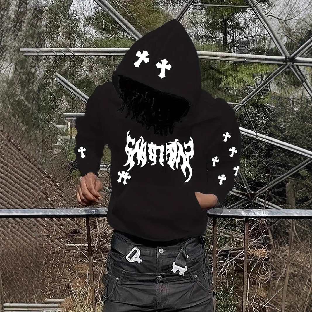 Luxury Brand Designer Clothes Dark Style Personality Cross Print Hoodie For Men Trendy Street Style Hip Hop Pullover Trendy Brand Top