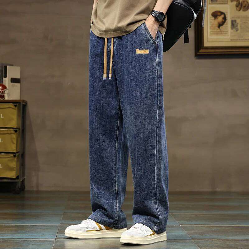 Men Straight Leg Blue Gray Loose Y2K Drawstring Jeans Streetwear Casual Wide Denim Pants Male Baggy Stylish Harajuku Trousers 26Y0312