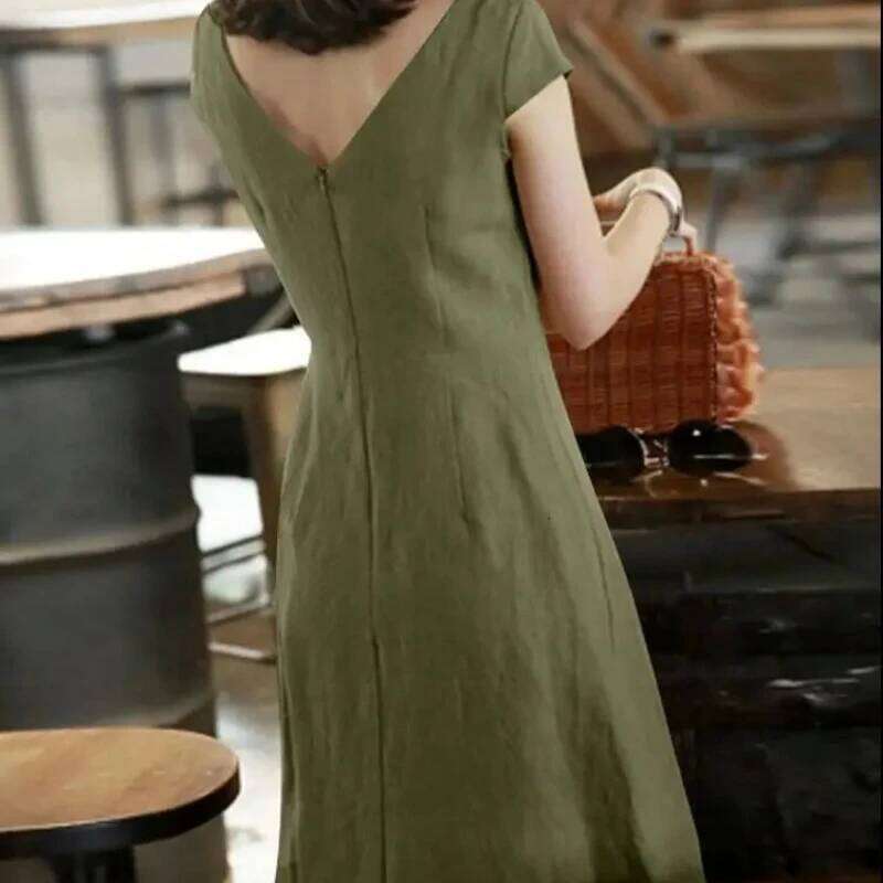 2025 Spring Cotton Linen Women's O-neck Short Sleeve A-line Casual Dresses Female Trendy Fashion Loose Clothes Ladies C260312
