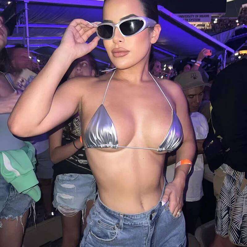 Three Point Bikini Women's Sexy Swimwear with Thin Straps Seductive Bras Shorts Gilded Patent Leather Set Swimming Pool Bedroom Y260303